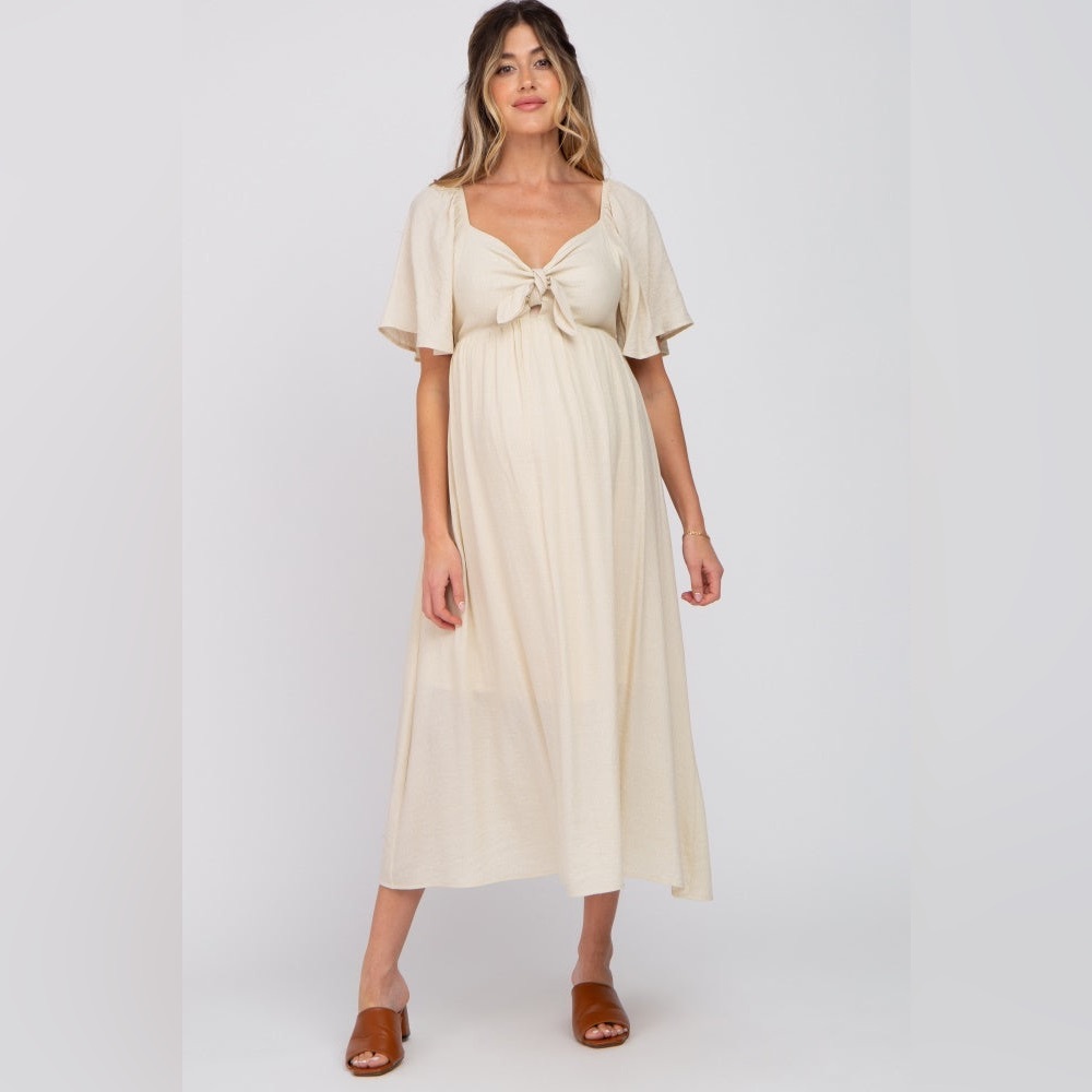 Beige Front Tie Ruffle Sleeve Maternity Midi Dress